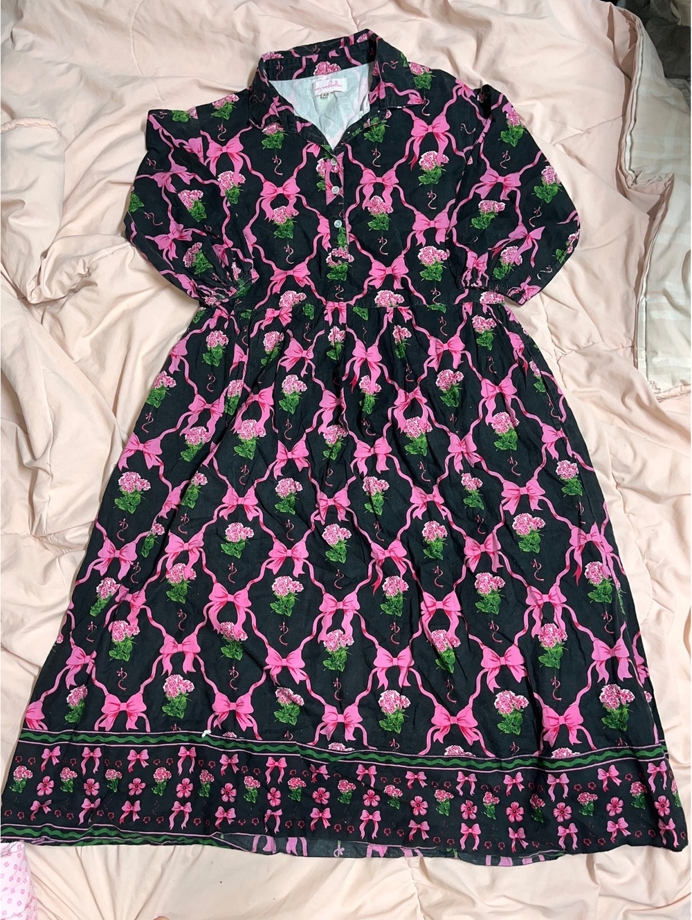 Mary Marshmallow Floral Print Cotton Dress with Pink Bow Pattern